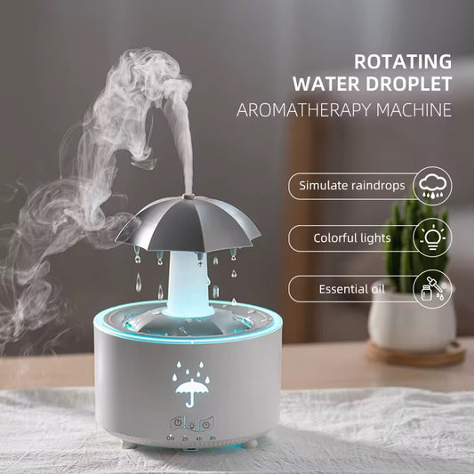 White Umbrella Rain Humidifier, 7-Color LED Rotating Aroma Diffuser With Remote