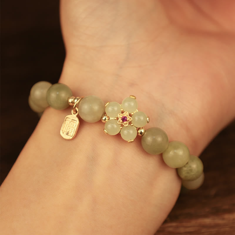Natural Green Jade Flower Fu Character Lucky Charm Bracelet (8mm)