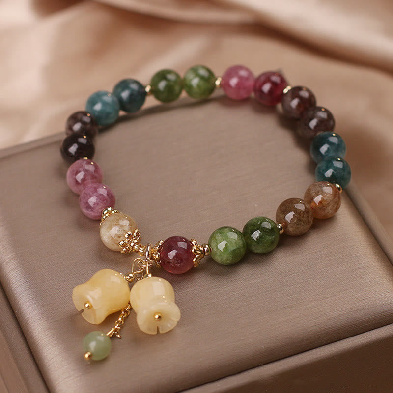 Natural Tourmaline Flower Bead Charm Bracelet (8MM)