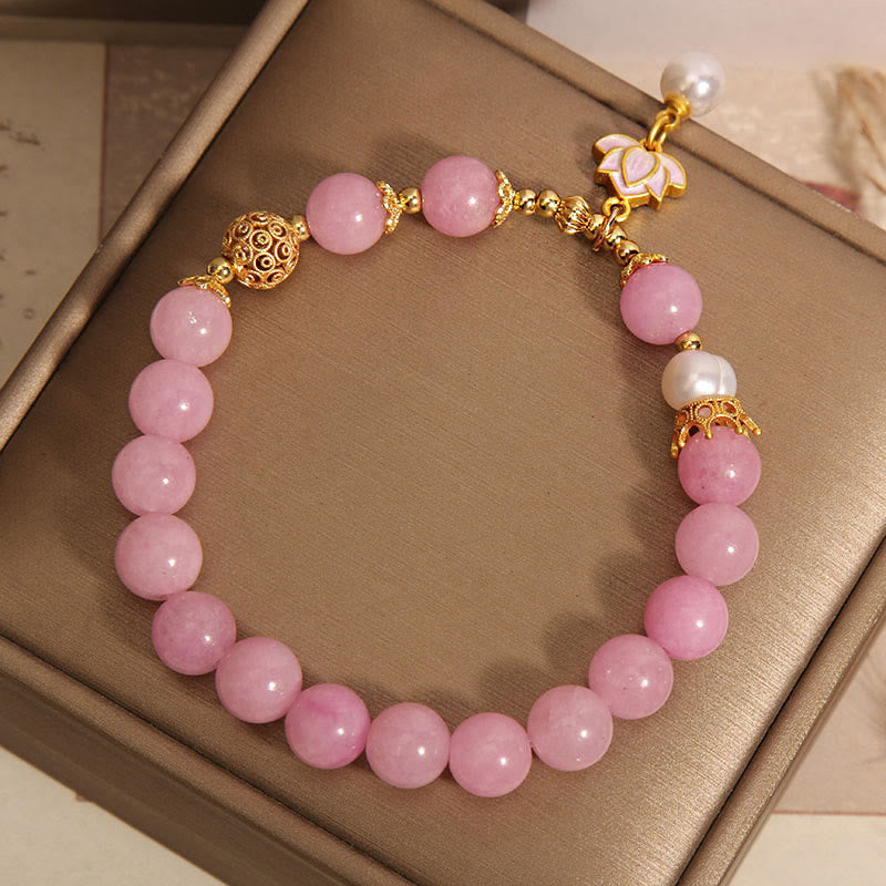 Buddha Stones Pink Jade Pearl Lotus Charm Harmony Bracelet (8mm)