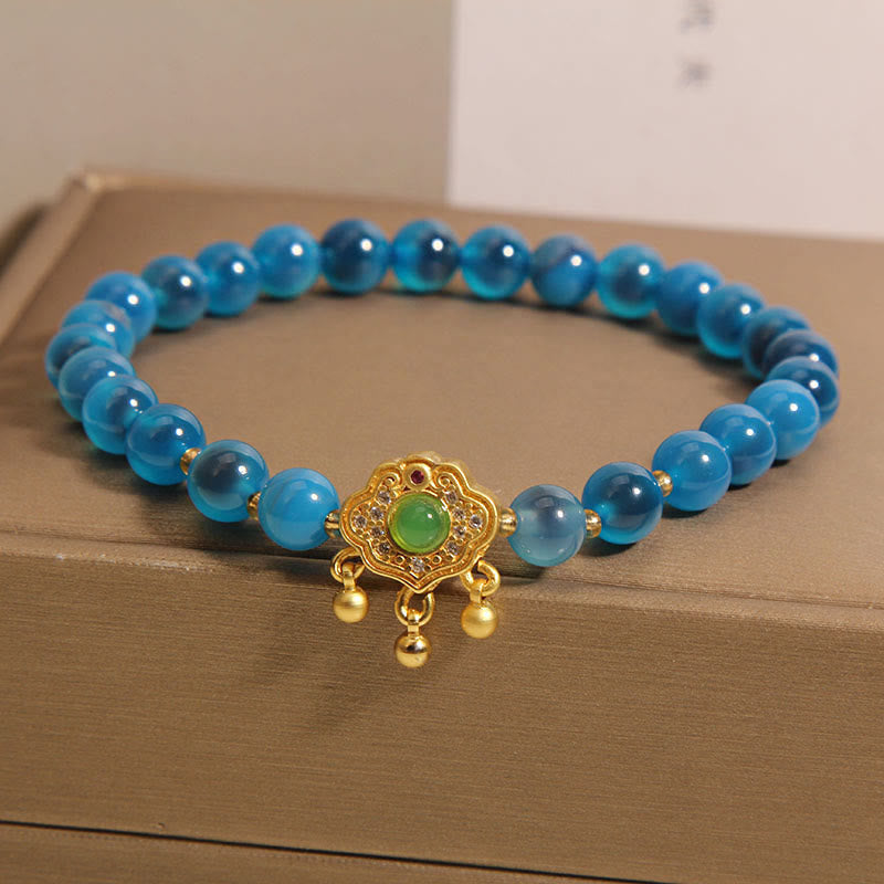 Blue Candy Agate Chinese Lock Charm Healing Bracelet (6mm)
