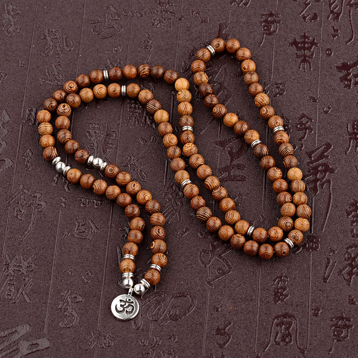 Multilayer Wooden 108 Bead Prayer Mala Necklace + OM Charm (8mm)
