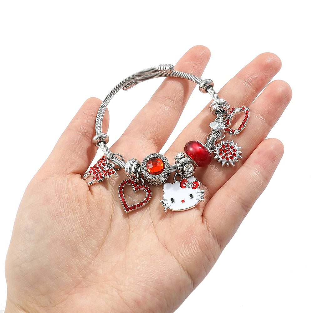 Stainless Steel Hello Kitty Red Zircon Charm Bracelet