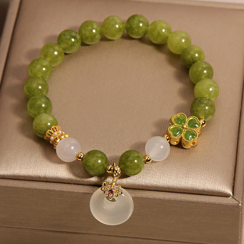 Green Tourmaline Chalcedony Four Leaf Clover Peace Buckle Charm Wisdom Bracelet (8MM)