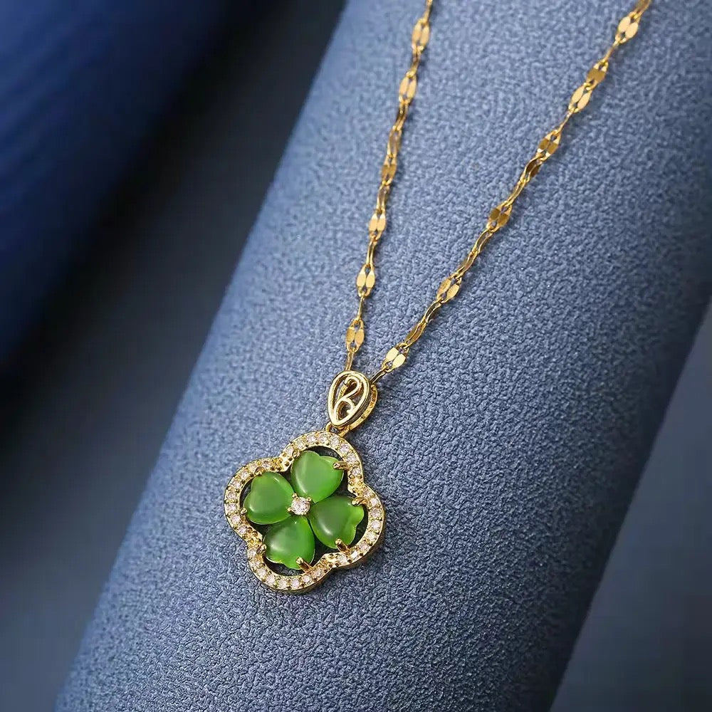 Cat Eye Quartz Lucky Clover Necklace