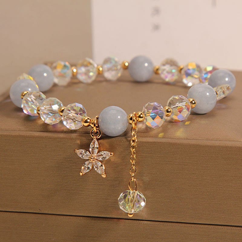 Serenity and Healing Natural Aquamarine Crystal Zircon Flower Bracelet Aquamarine Charm Bracelet (8mm)