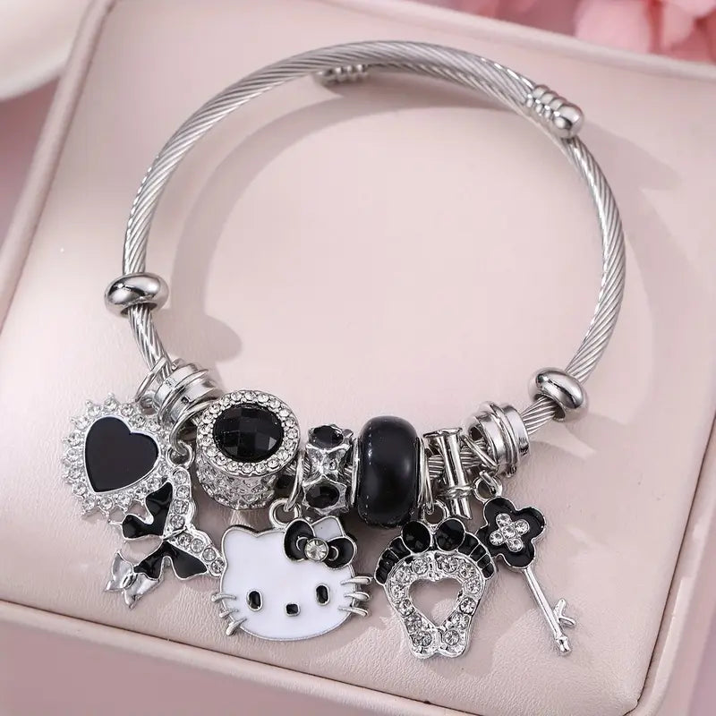 Stainless Steel Hello Kitty Black Zircon Charm Bracelet