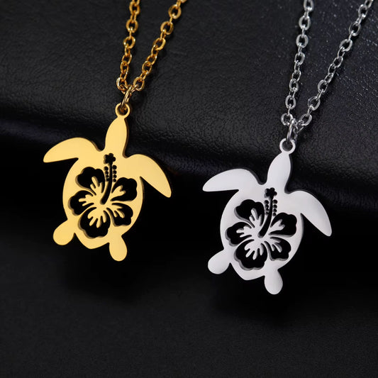 Stainless Steel Sea Turtle Hibiscus-Design Island Necklace
