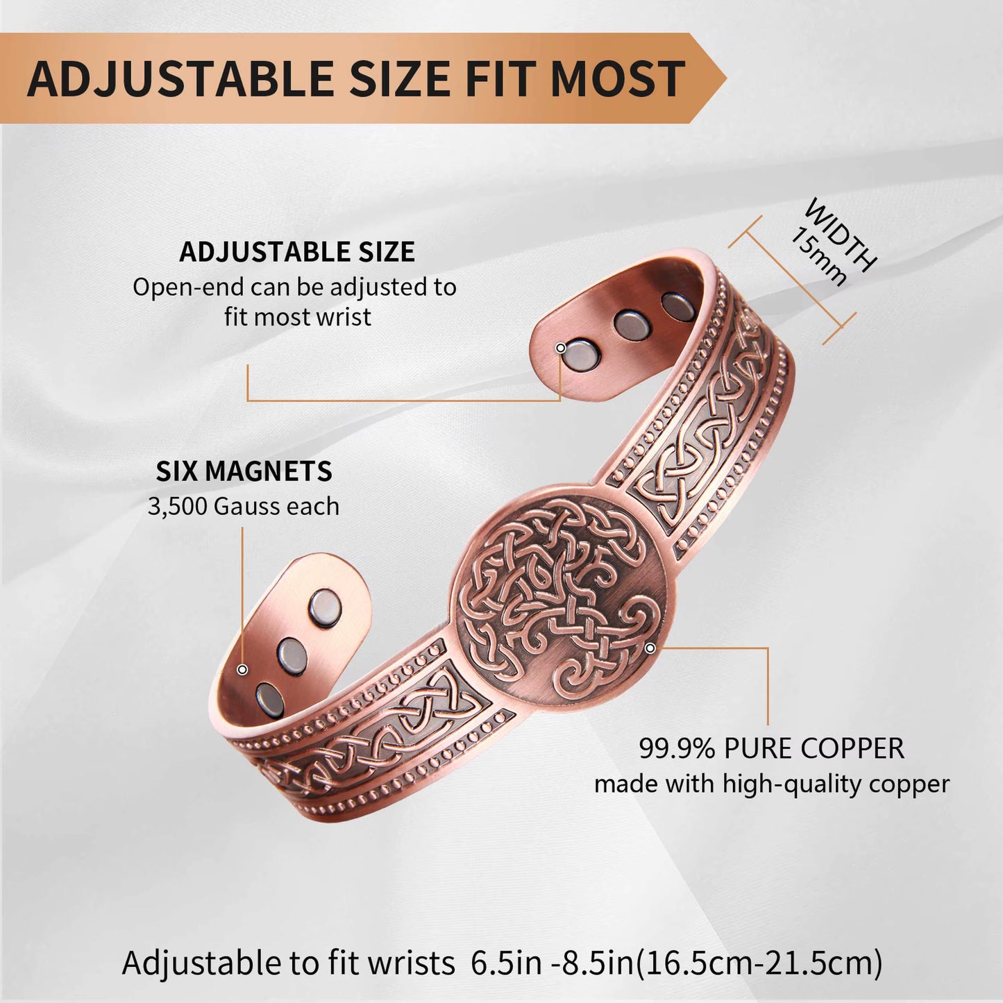Adjustable Ultra Strength Pure Copper Magnetic Bracelet (99.99% Copper)