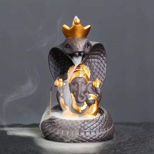 Ceramic Lord Ganesh on Cobra Snake Back Flow Incense Holder + 10 Free Incense Cones