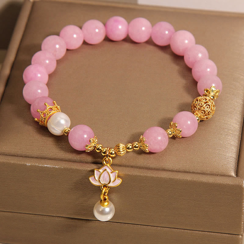 Buddha Stones Pink Jade Pearl Lotus Charm Harmony Bracelet (8mm)
