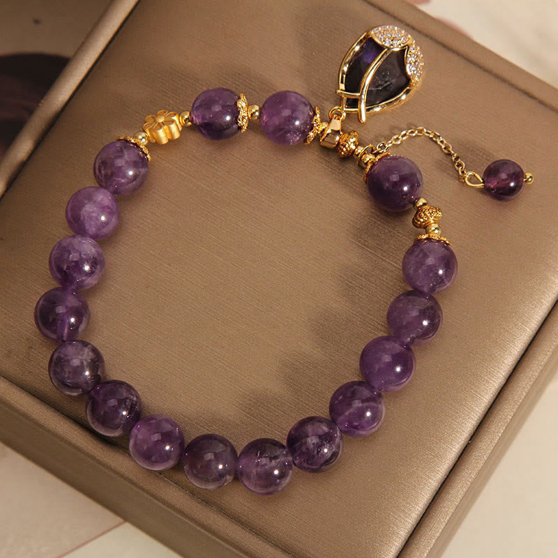 Natural Amethyst Lotus Pud Charm Bracelet (8MM Beads)