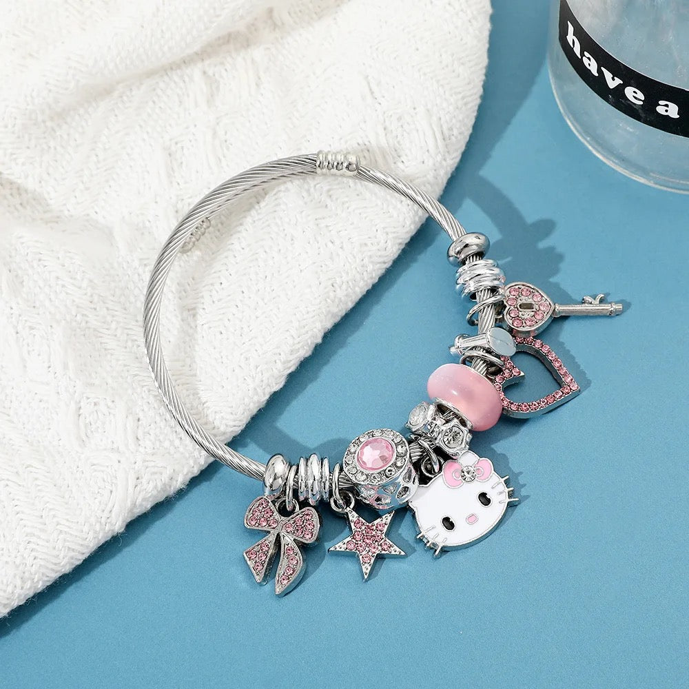 Stainless Steel Hello Kitty Pink Zircon Charm Bracelet
