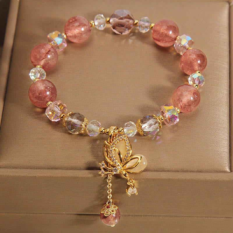 Natural Strawberry Quartz Healing Positive Butterfly Zircon Charm Bracelet (8mm)