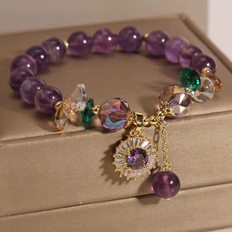 Natural Amethyst Zircon Flower Charm Bracelet (8MM Beads)