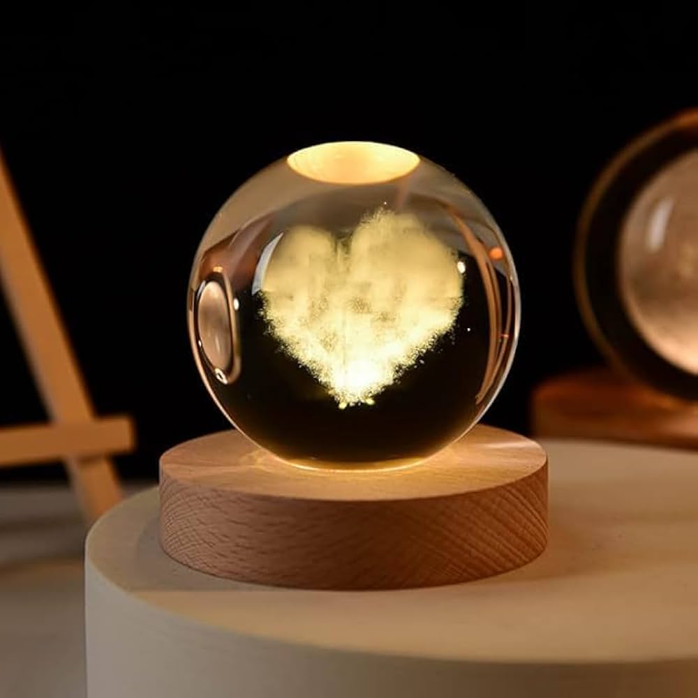 3D Laser Engraved 8cm Glass Crystal Ball Lamp (Heart Cloud)