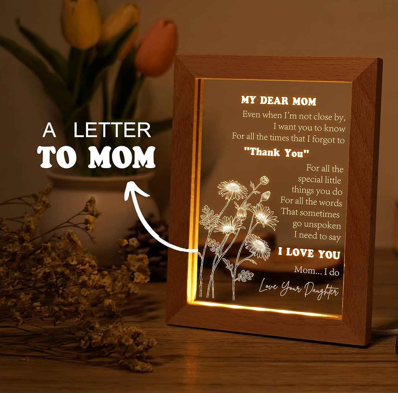 Mother & Daughter Love Bond 3D Acrylic USB Night Lamp With Wooden Frame