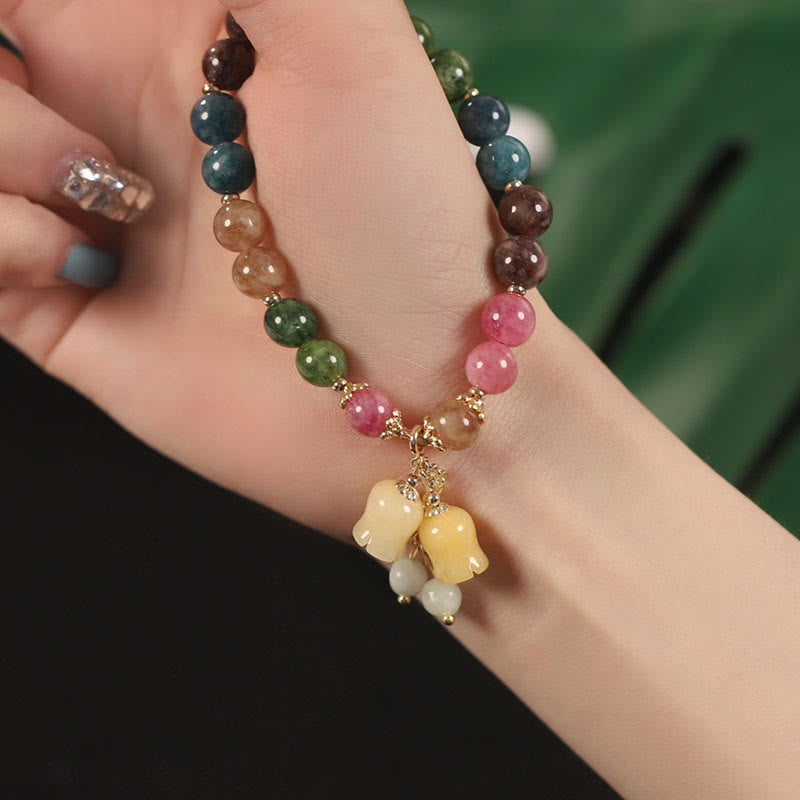 Natural Tourmaline Flower Bead Charm Bracelet (8MM)