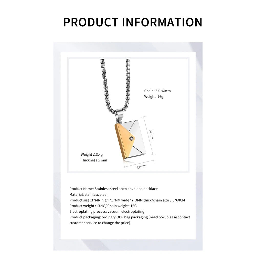 Stainless Steel “Love You” Note in Magnetic Envelope W/ Silver Chain