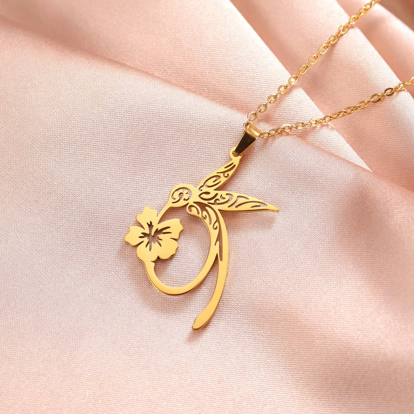 Stainless Steel Hummingbird Hibiscus designed Necklace