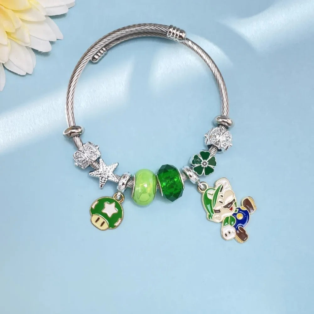 Stainless Steel Mario & Luigi Mushroom Charm Bracelet