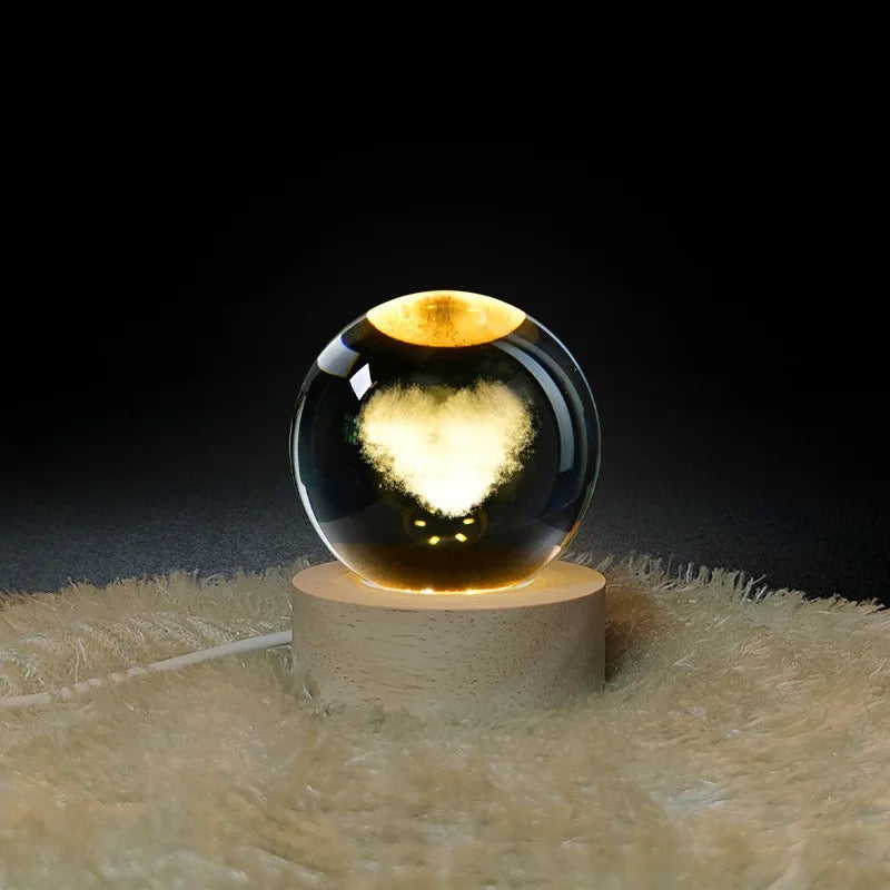 3D Laser Engraved 8cm Glass Crystal Ball Lamp (Heart Cloud)