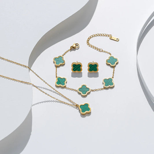 High Quality Stainless Steel Van Cleef Inspired Clover 3pc Set (Jasper Green)