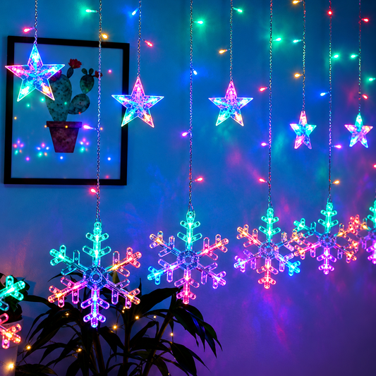 Decorative LED Curtain String Lights – Snowflake & Stars Design | 8 Lighting Modes - RGB Colorful & Warm Yellow