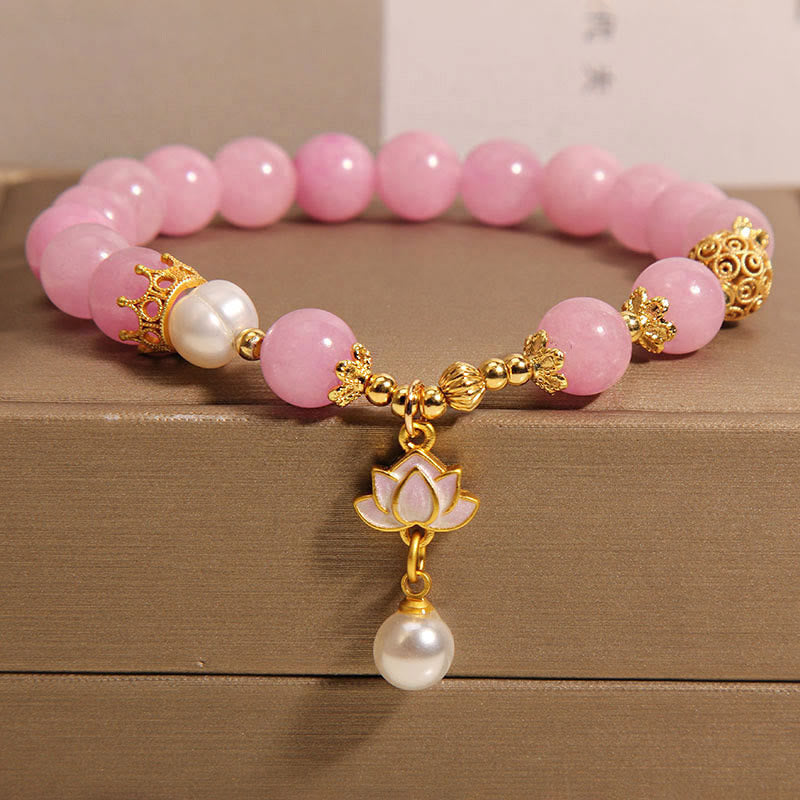 Buddha Stones Pink Jade Pearl Lotus Charm Harmony Bracelet (8mm)