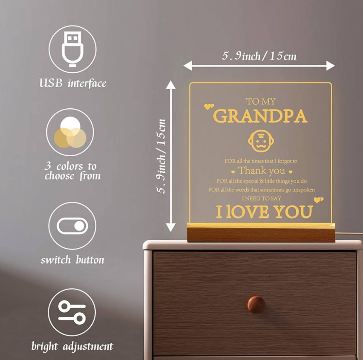 Grandpa Love 3D Acrylic Night Lamp With Wooden Base