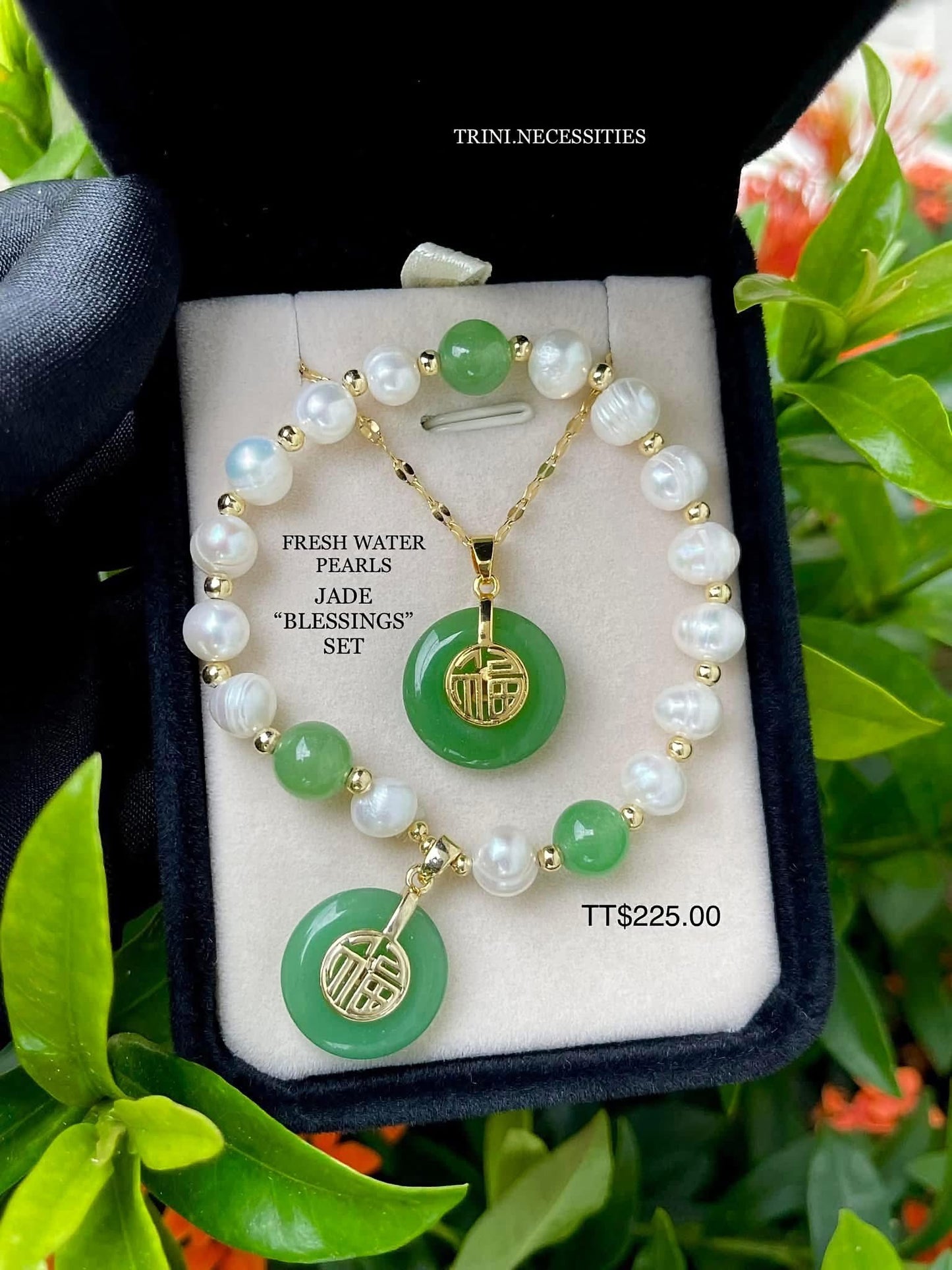 Chinese-Style Fresh Water Pearl Lucky Blessings Jade 2pc Set
