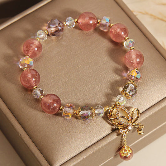 Natural Strawberry Quartz Healing Positive Butterfly Zircon Charm Bracelet (8mm)