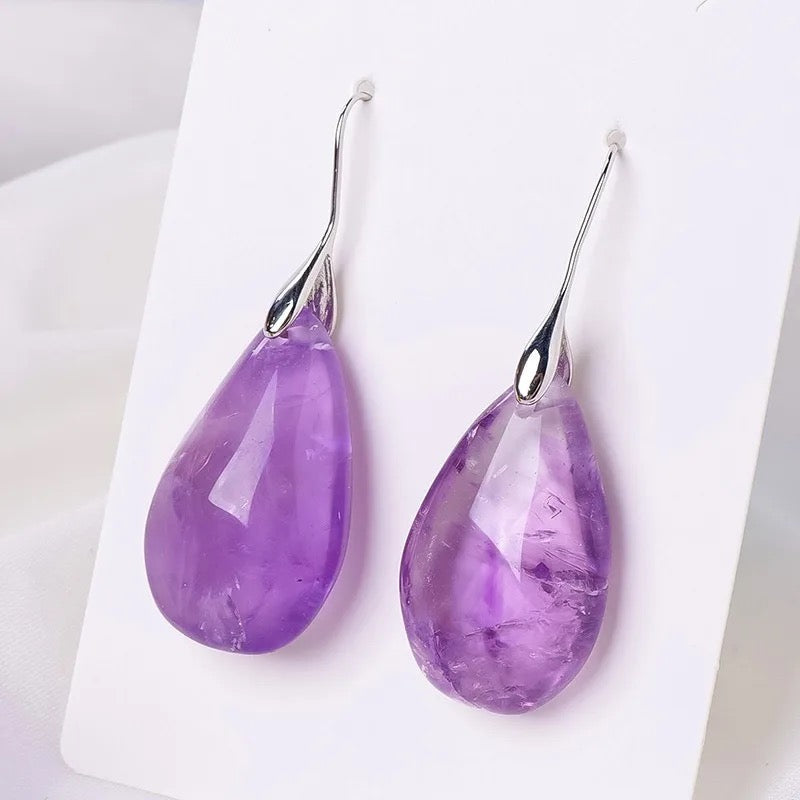 Natural Raw Amethyst Gemstone Large Earrings