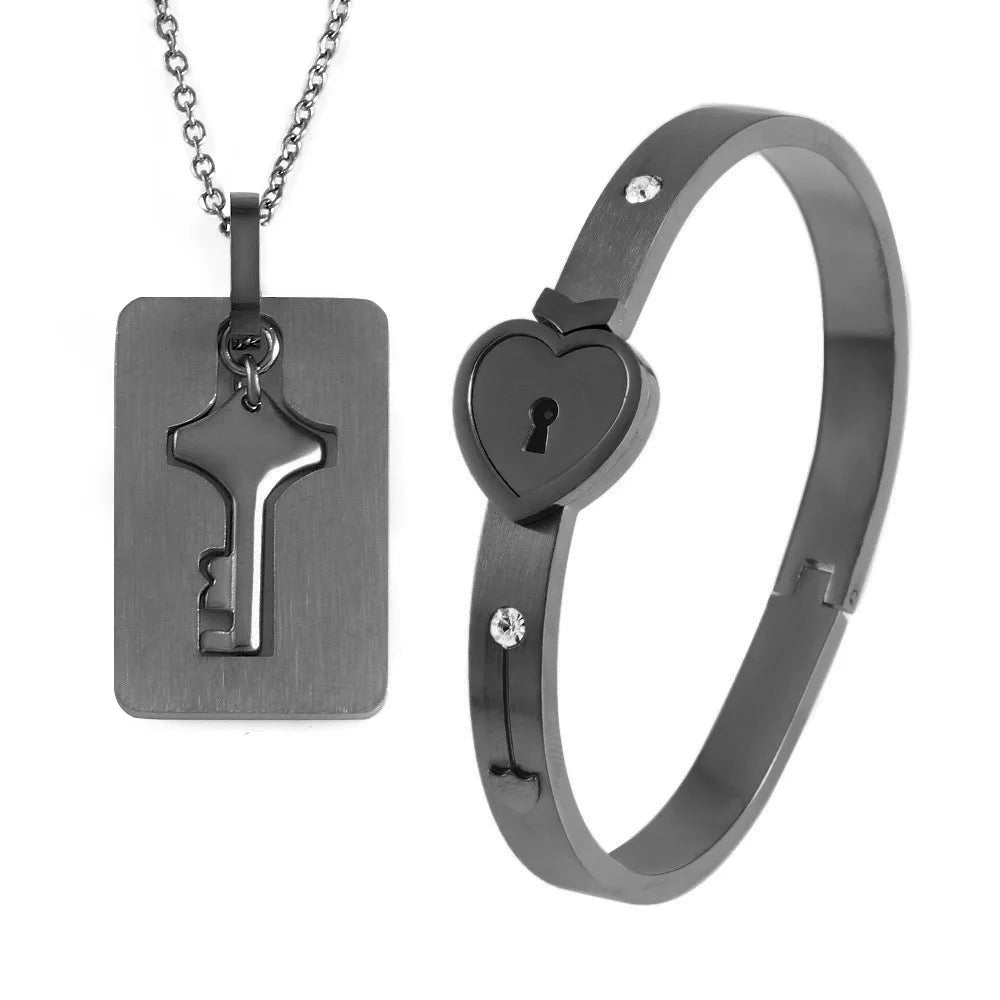 Stainless Steel Couples Lock Bracelet & Key Necklace Set.