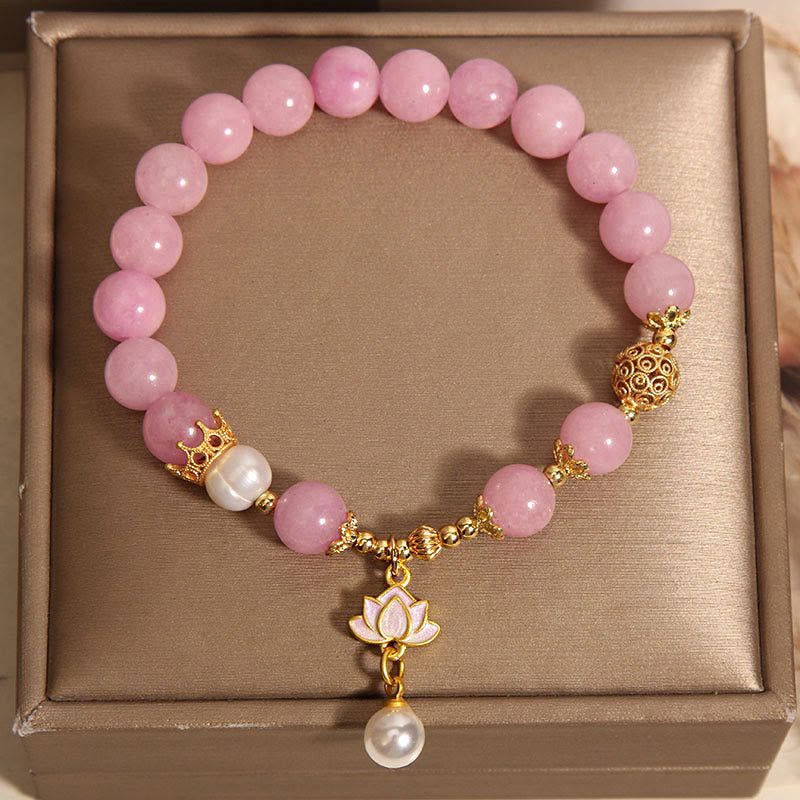Buddha Stones Pink Jade Pearl Lotus Charm Harmony Bracelet (8mm)