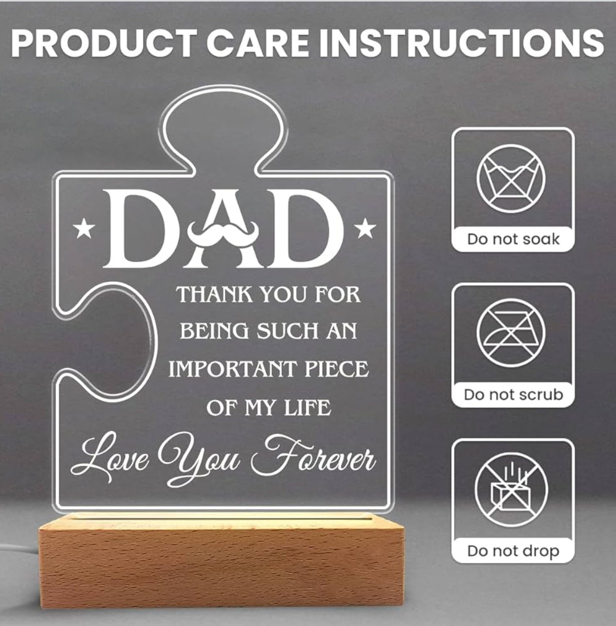 Father’s Love 3D Acrylic Night Lamp With Wooden Base - Puzzle Design
