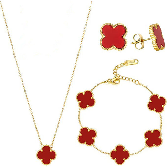High Quality Stainless Steel Van Cleef Inspired Clover 3pc Set (Red)