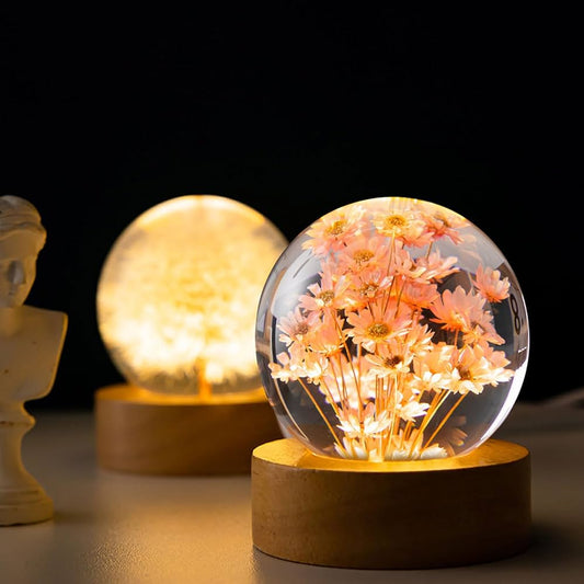 8cm Eternal Flower Sphere Lamp with LED Wooden Light Base, USB (Red & White Daisy)