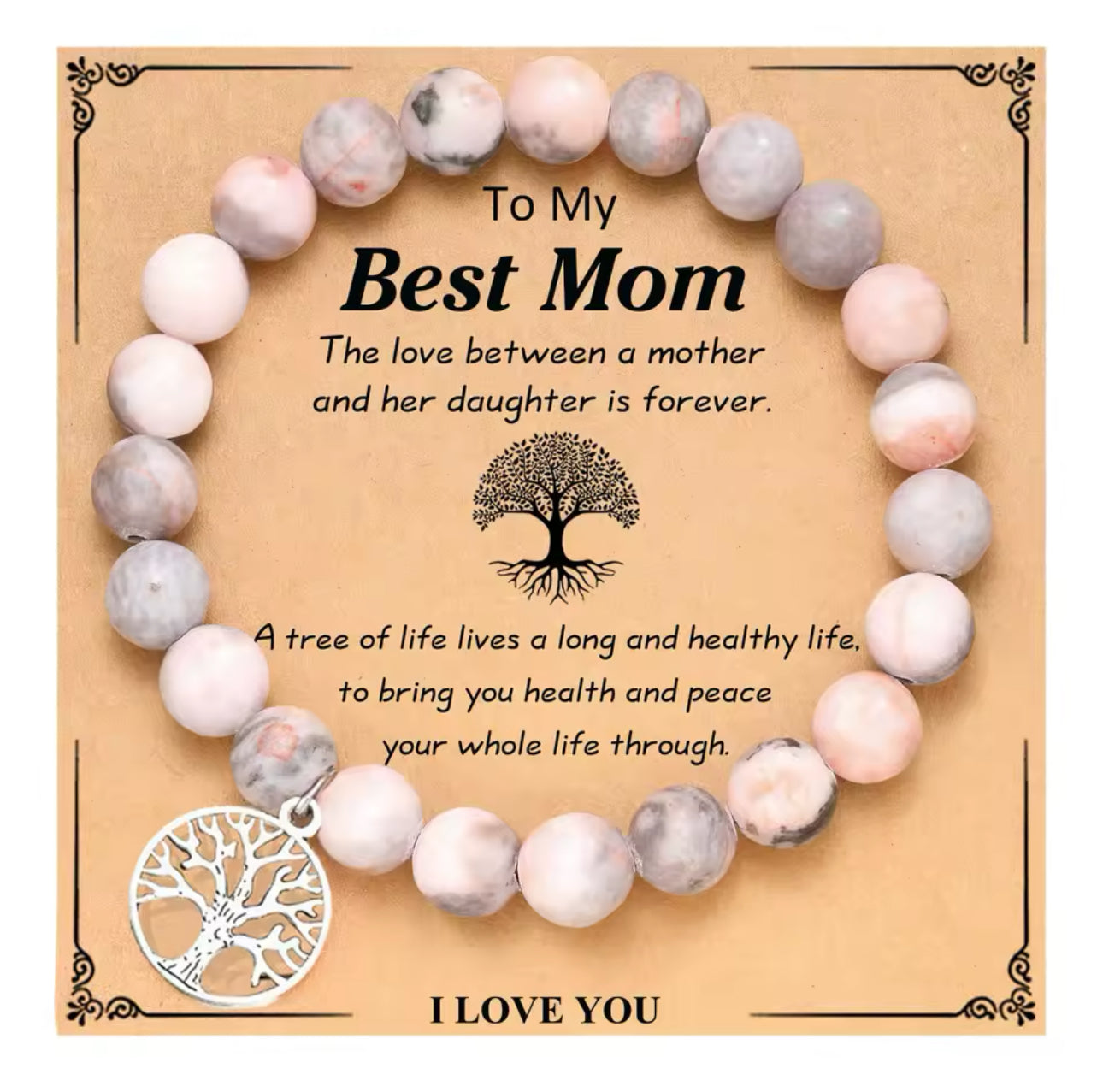 Natural Stone Pink Banded Agate Mother & Daughter Love Bond Bracelet With Gift Card