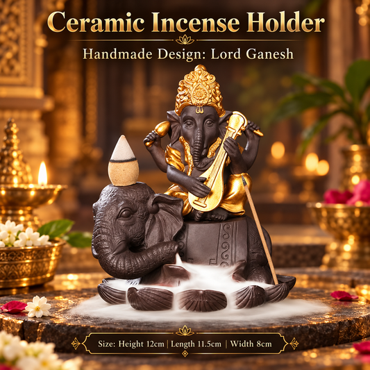 Ceramic Lord Ganesh Back Flow Incense Holder + 10 Free Incense Cones