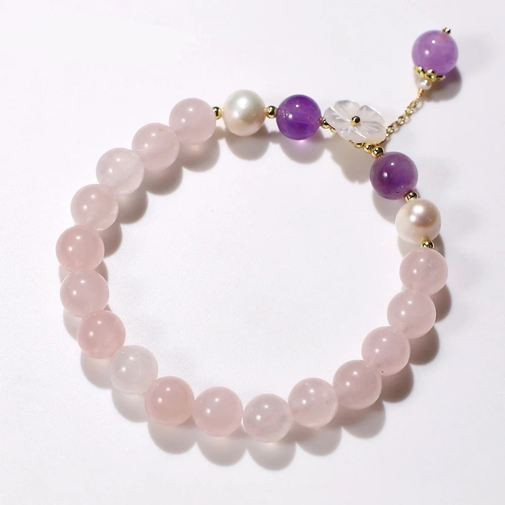Rose Quartz Fresh Water Pearl & Amethyst Floral Charm Bracelet (8mm)
