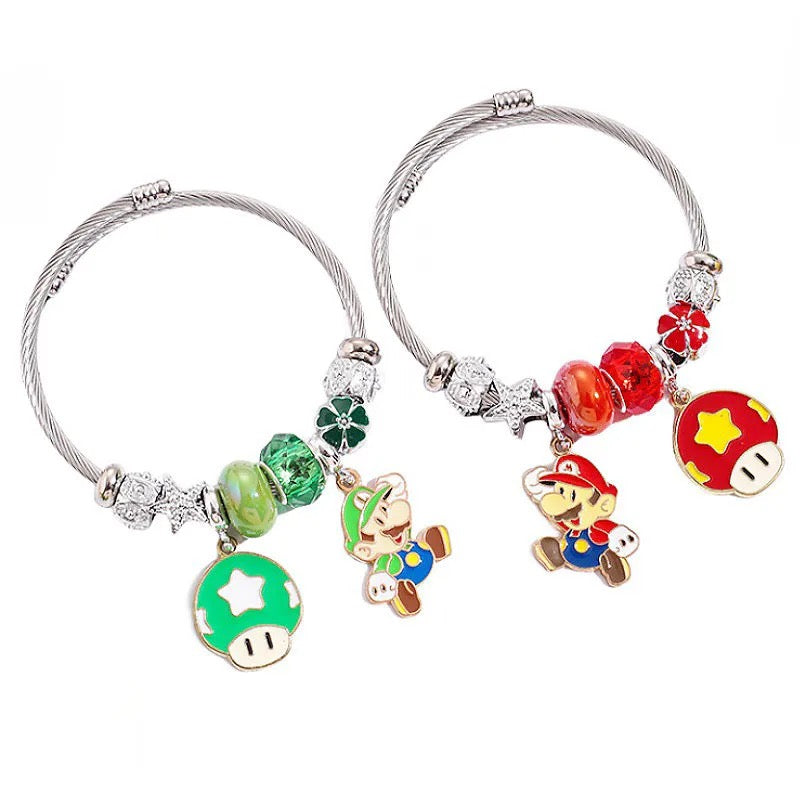 Stainless Steel Mario & Luigi Mushroom Charm Bracelet