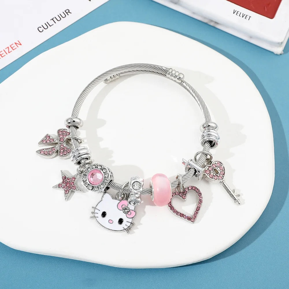 Stainless Steel Hello Kitty Pink Zircon Charm Bracelet