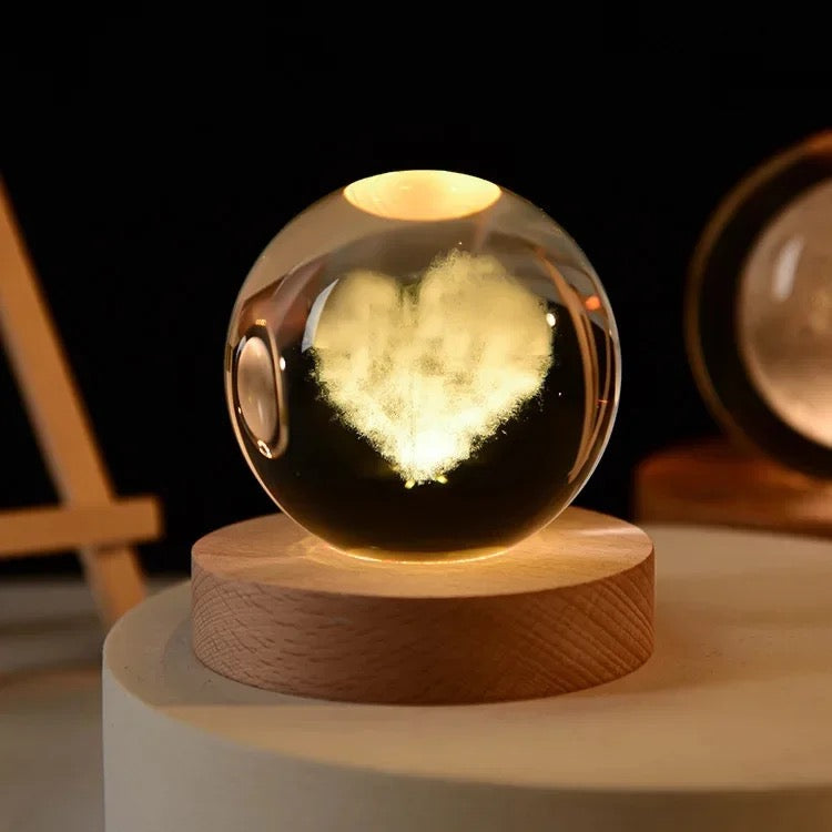 3D Laser Engraved 8cm Glass Crystal Ball Lamp (Heart Cloud)
