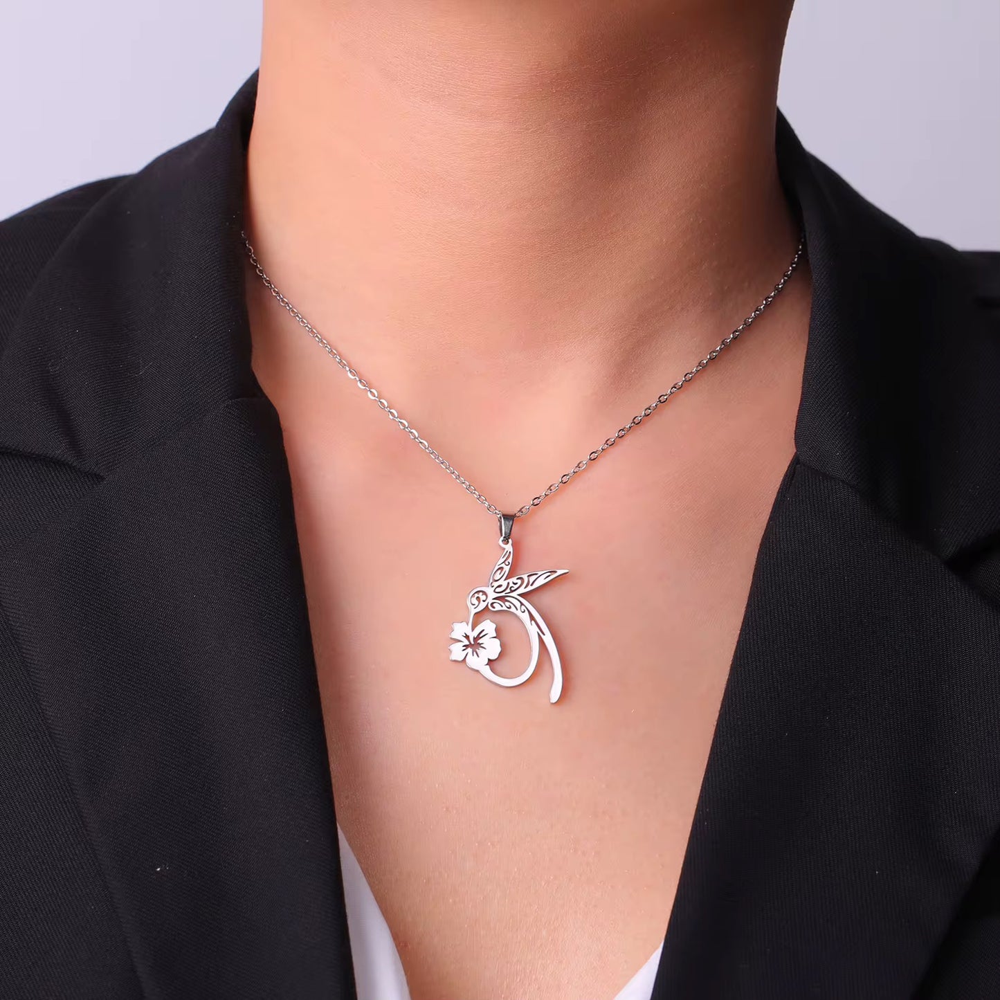 Stainless Steel Hummingbird Hibiscus designed Necklace