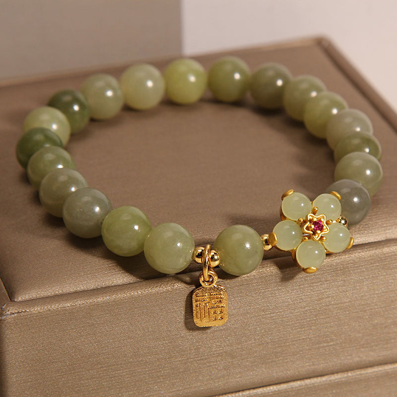 Natural Green Jade Flower Fu Character Lucky Charm Bracelet (8mm)