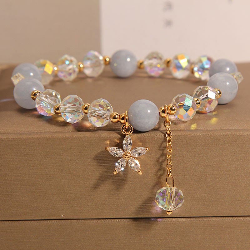 Serenity and Healing Natural Aquamarine Crystal Zircon Flower Bracelet Aquamarine Charm Bracelet (8mm)