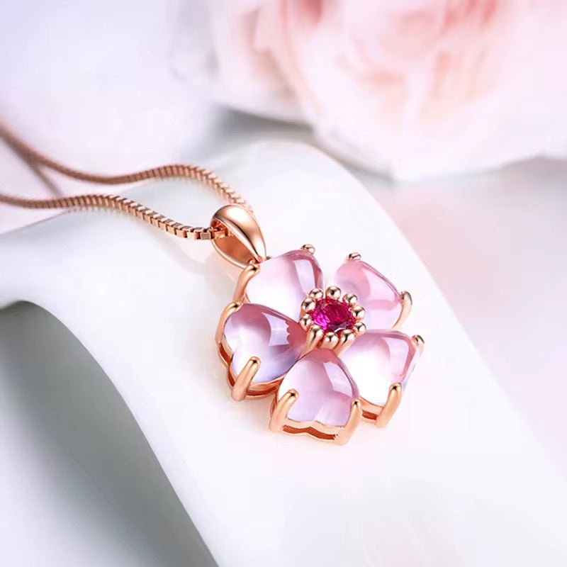 Stainless Steel Rose Quartz Pink Zirconia Clover Necklace