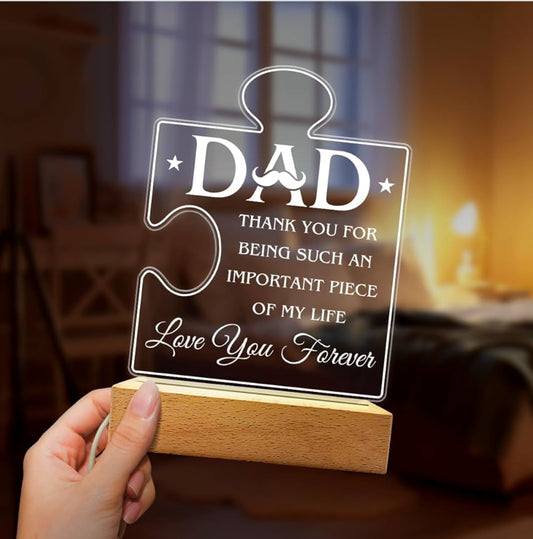Father’s Love 3D Acrylic Night Lamp With Wooden Base - Puzzle Design