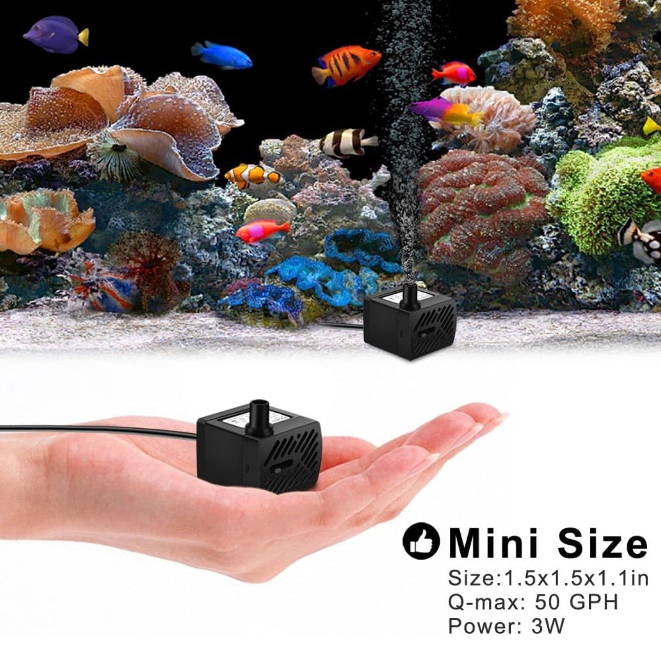 Mini Water Fountain Pump (50GPH 3W), Ultra Quiet Submersible Water Pump